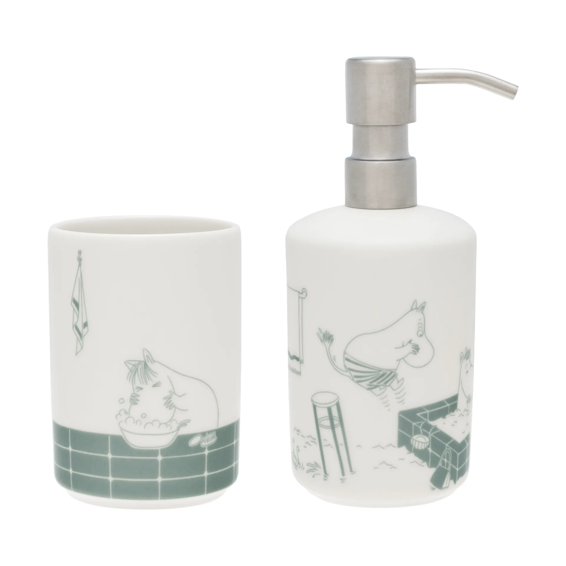 Moomin soap dispenser and toothbrush holder, Bath time green-white arabia moomin,moomin arabia