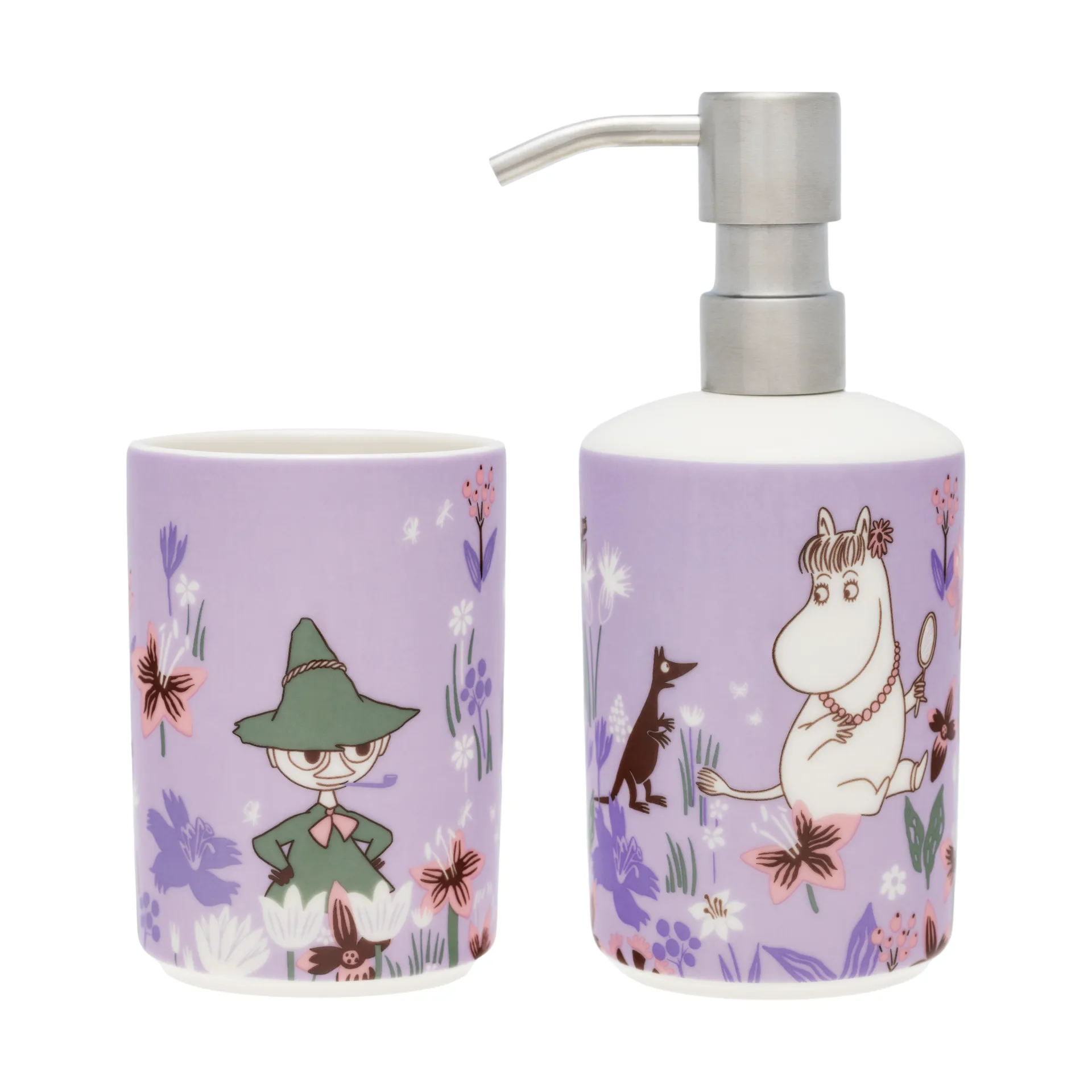Moomin soap dispenser and toothbrush holder, Flower garden Moomin Arabia