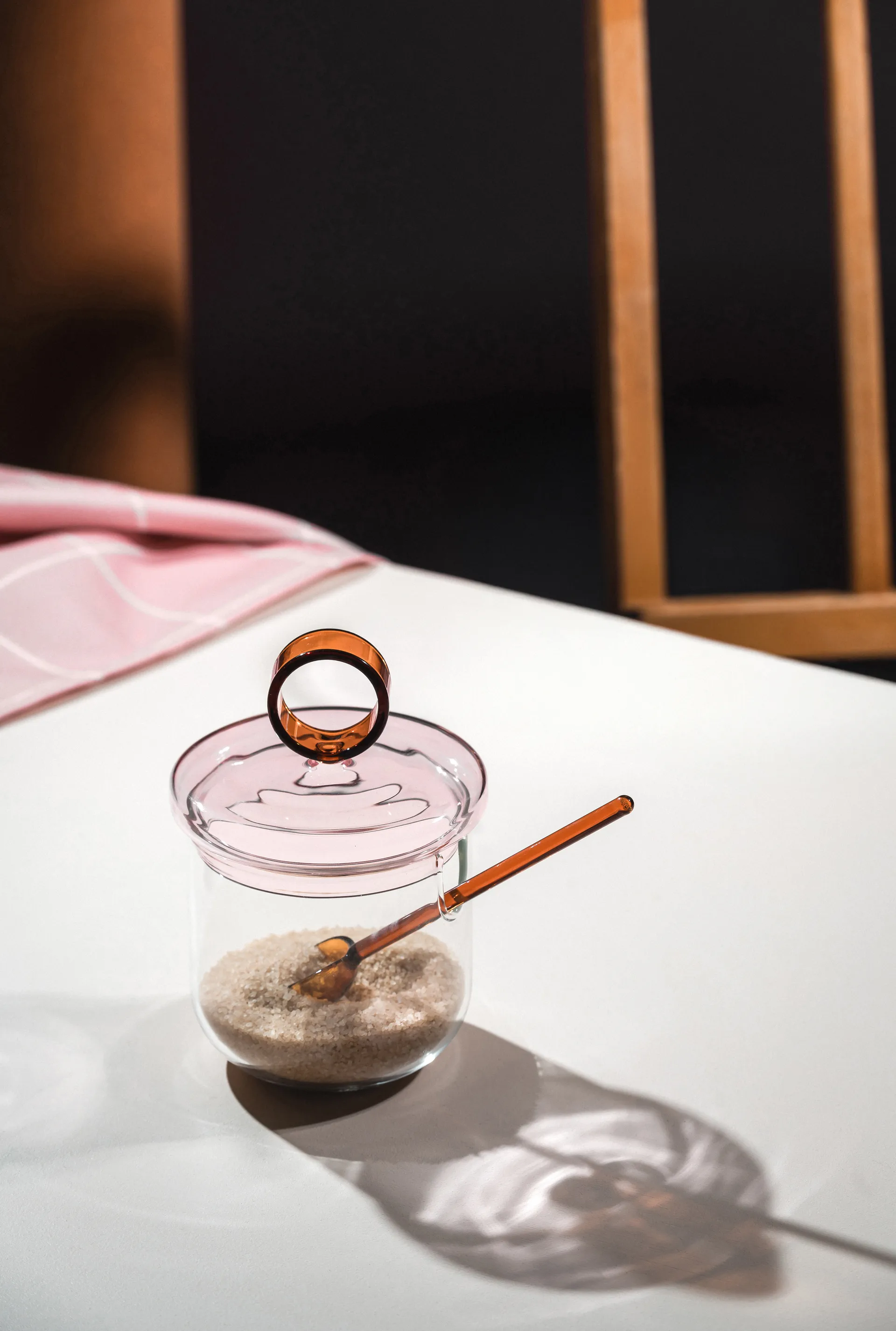 Loop sugar bowl incl spoon Ø14 cm, Clear-pink-amber Muurla