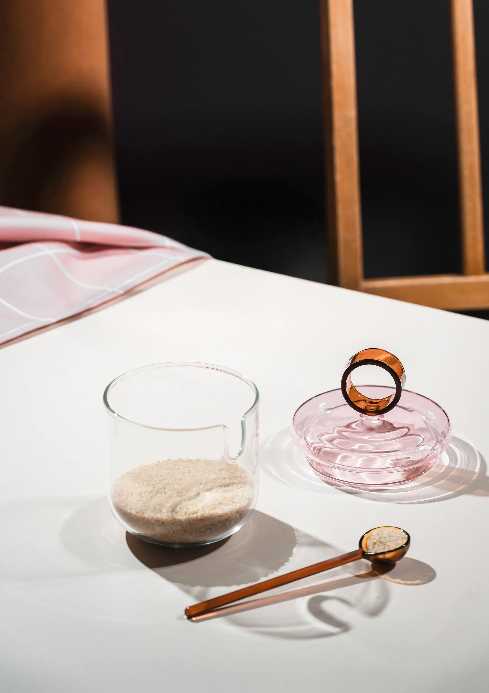 Loop sugar bowl incl spoon Ø14 cm, Clear-pink-amber Muurla