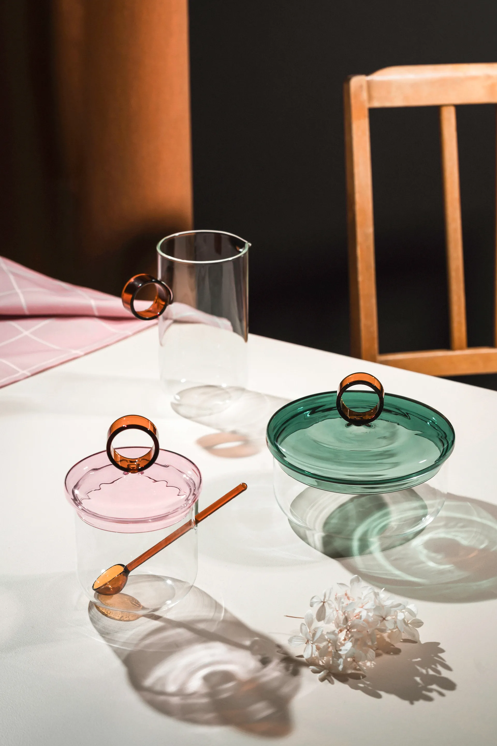Loop sugar bowl incl spoon Ø14 cm, Clear-pink-amber Muurla