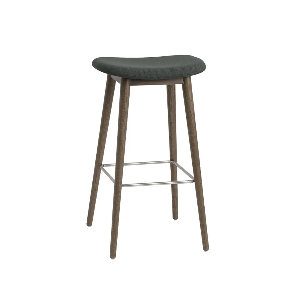 Fiber bar stool 75 cm, Fabric twill weave 990 dark green, brown stained oak legs Muuto
