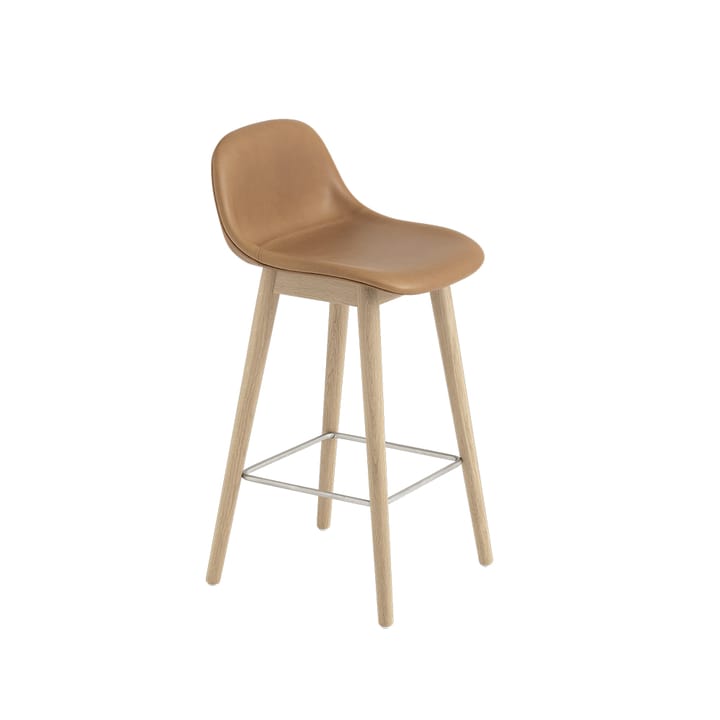 Fiber barstool with backrest - Leather cognac, oak legs, high - Muuto