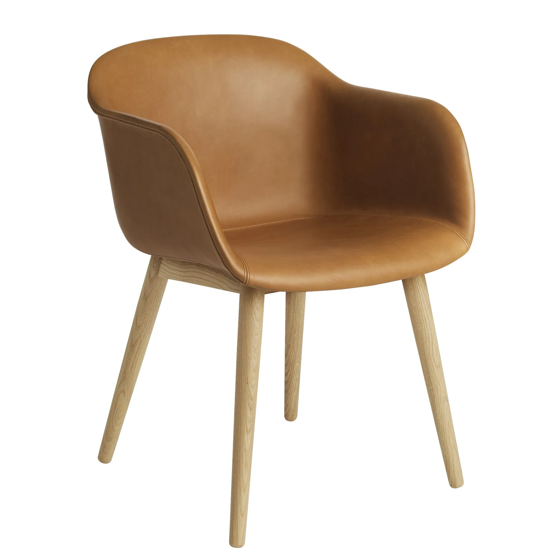 Fiber Chair chair with armrest and wooden legs, Cognac leather-oak Muuto
