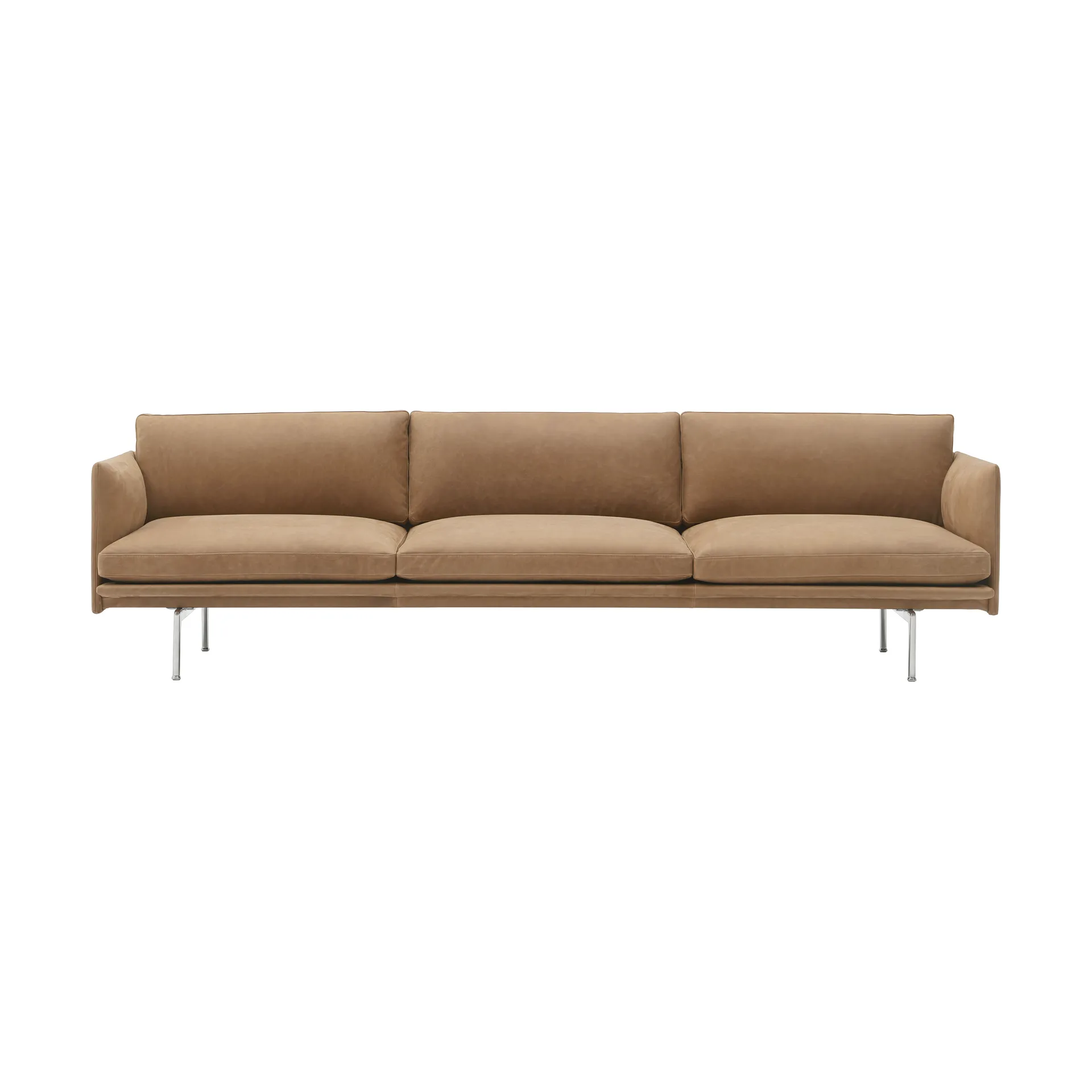 Outline 3.5-seater sofa polished aluminum, Grace leather Camel Muuto