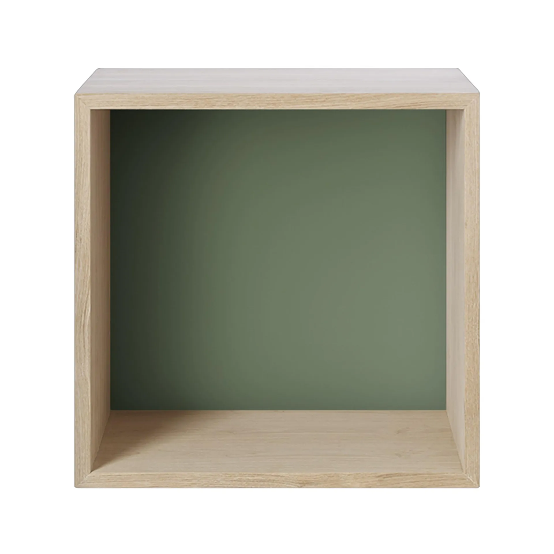 Stacked 2.0 shelving with back plate, medium, oak, green Muuto
