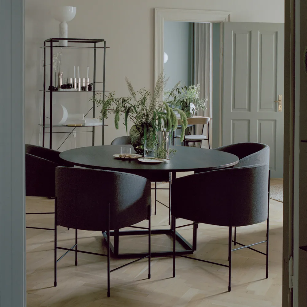 Florence round dining table, Black marquina marble. ø145 cm. black stand New Works