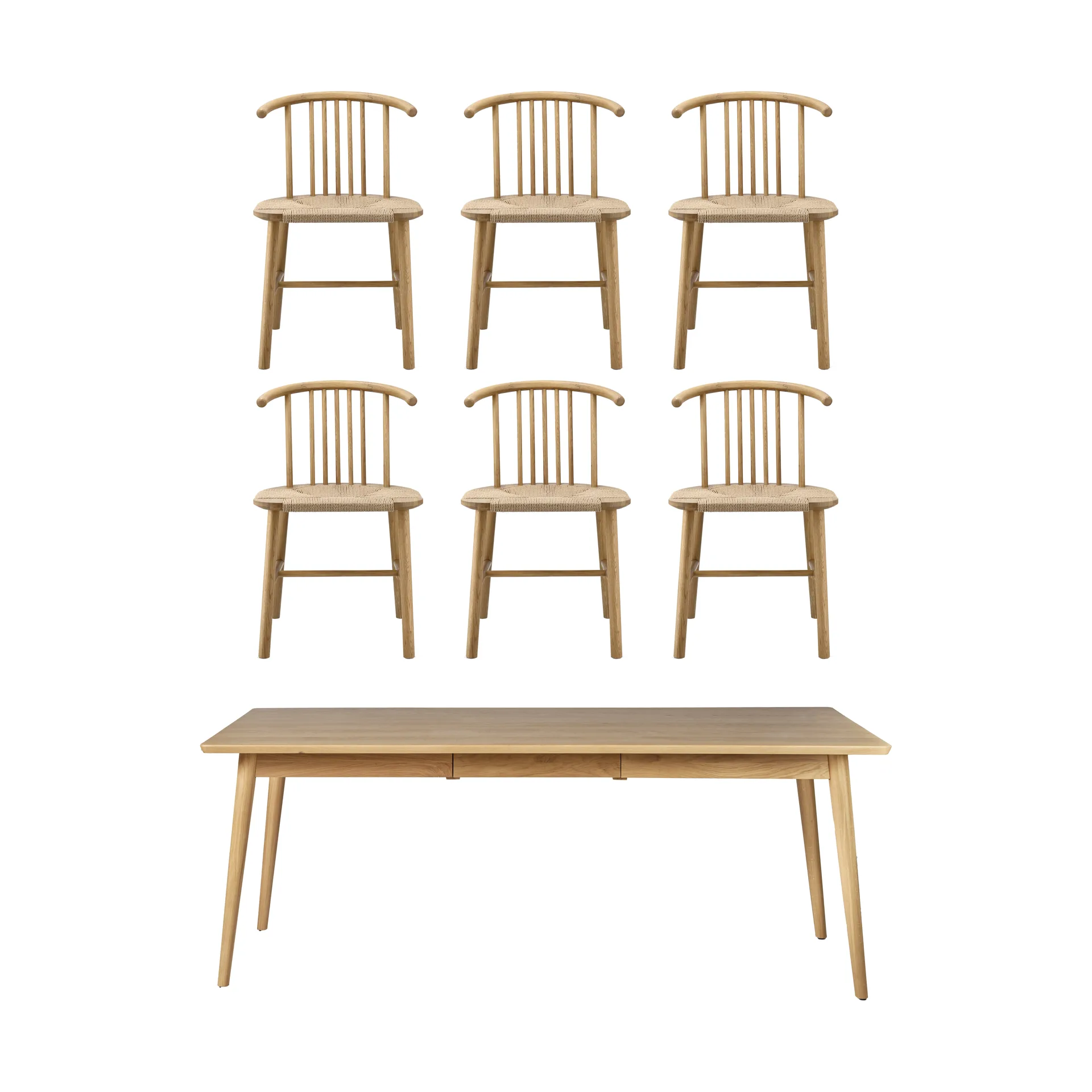 VIOR dining table 200 cm + chair 6‑pack – Lacquered oak‑natural NJRD