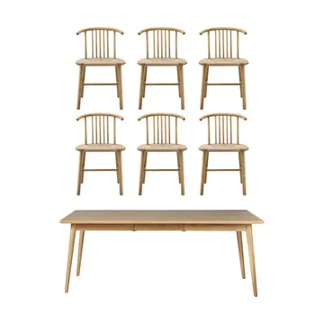 VIOR dining table 200 cm + chair 6‑pack – Lacquered oak‑natural - NJRD