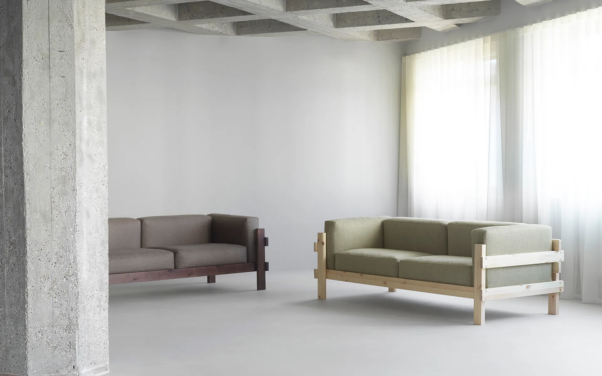 Kube sofa, Brown-lacquered pine–Remix 356 Brown fabric, 220 cm Normann Copenhagen