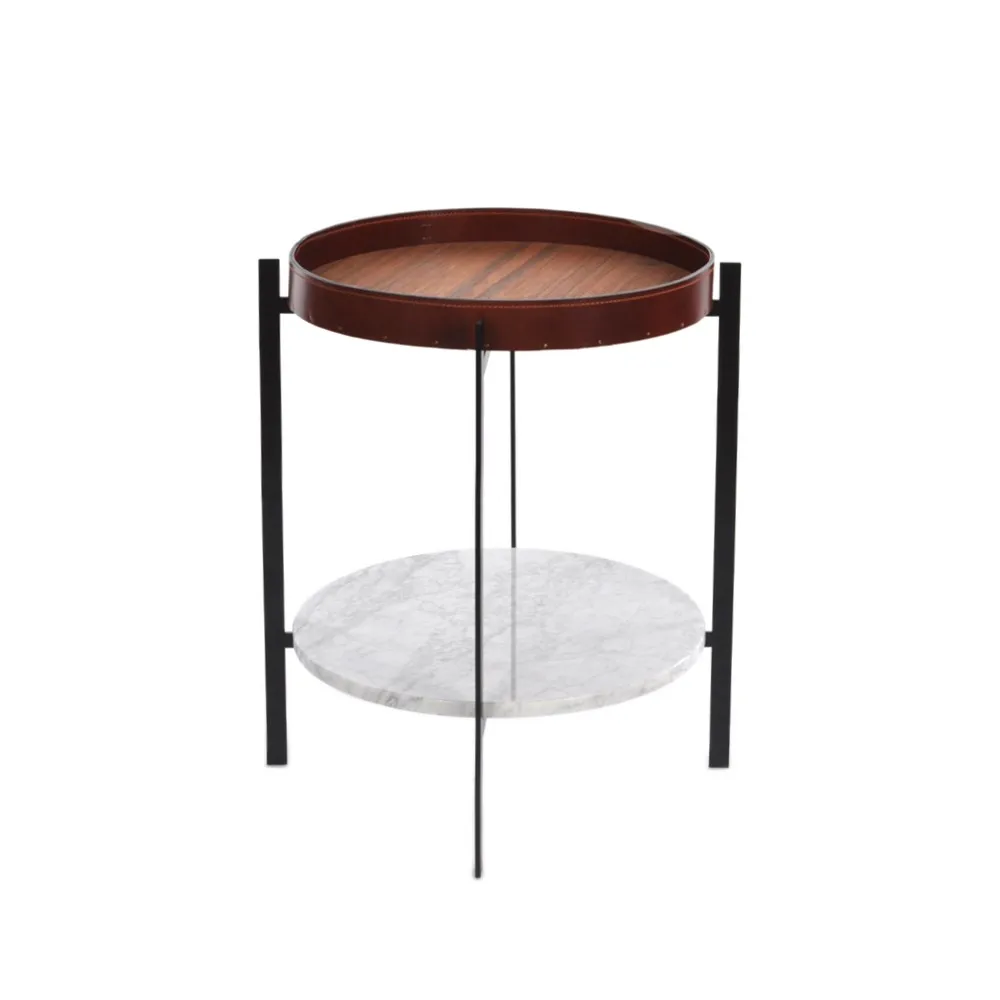 OX Denmarq Deck tray table teak. black stand. white marbleshelf