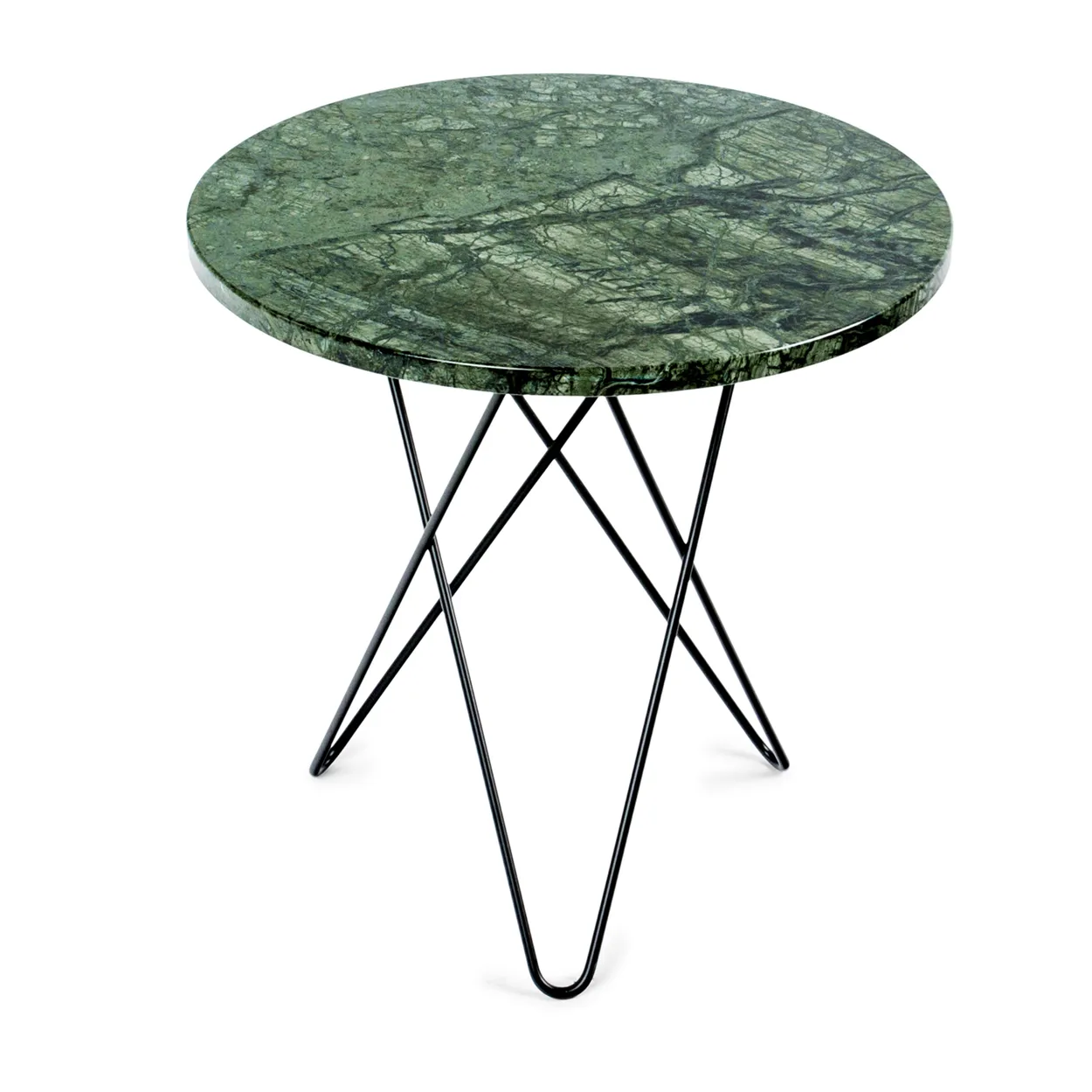 OX Denmarq Tall mini O side table o50 H50. black undercarriage green marble