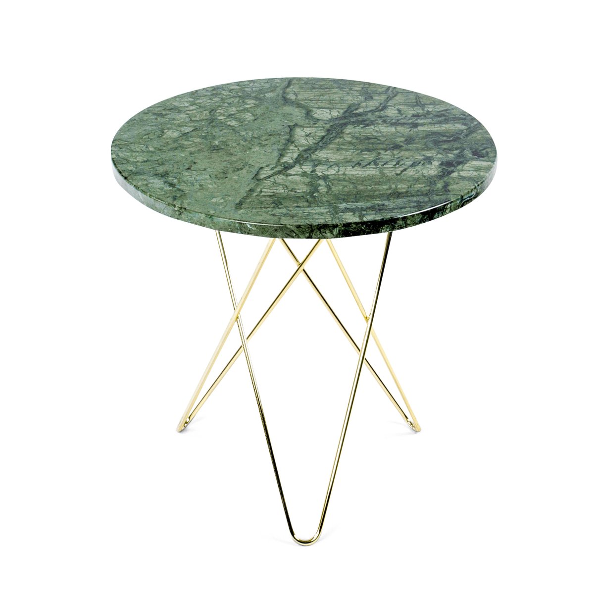 OX Denmarq Tall mini O side table o50 H50. brass undercarriage green marble