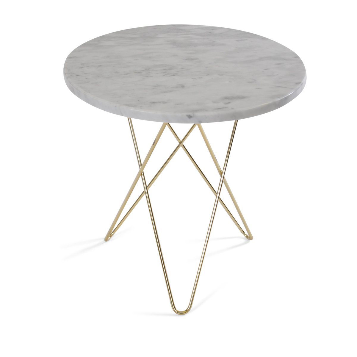 OX Denmarq Tall mini O side table o50 H50. brass undercarriage white marble