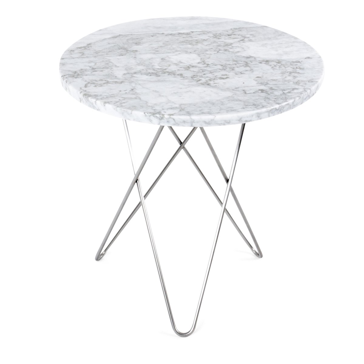 OX Denmarq Tall mini O side table o50 H50. stainless steel undercarriage white marble
