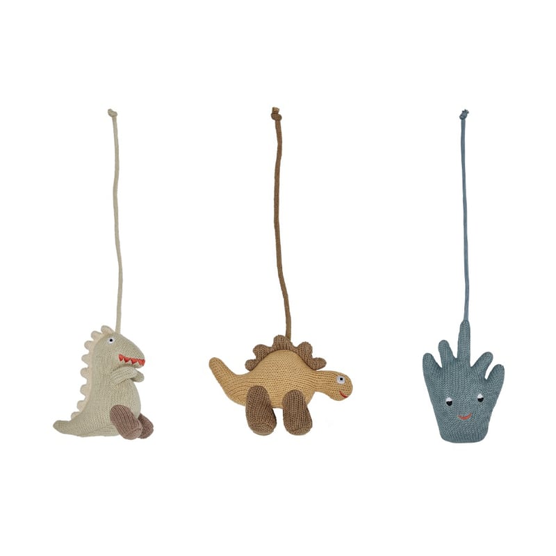 OYOY Dino play toys for baby gym. Beige-saffron-aqua blue