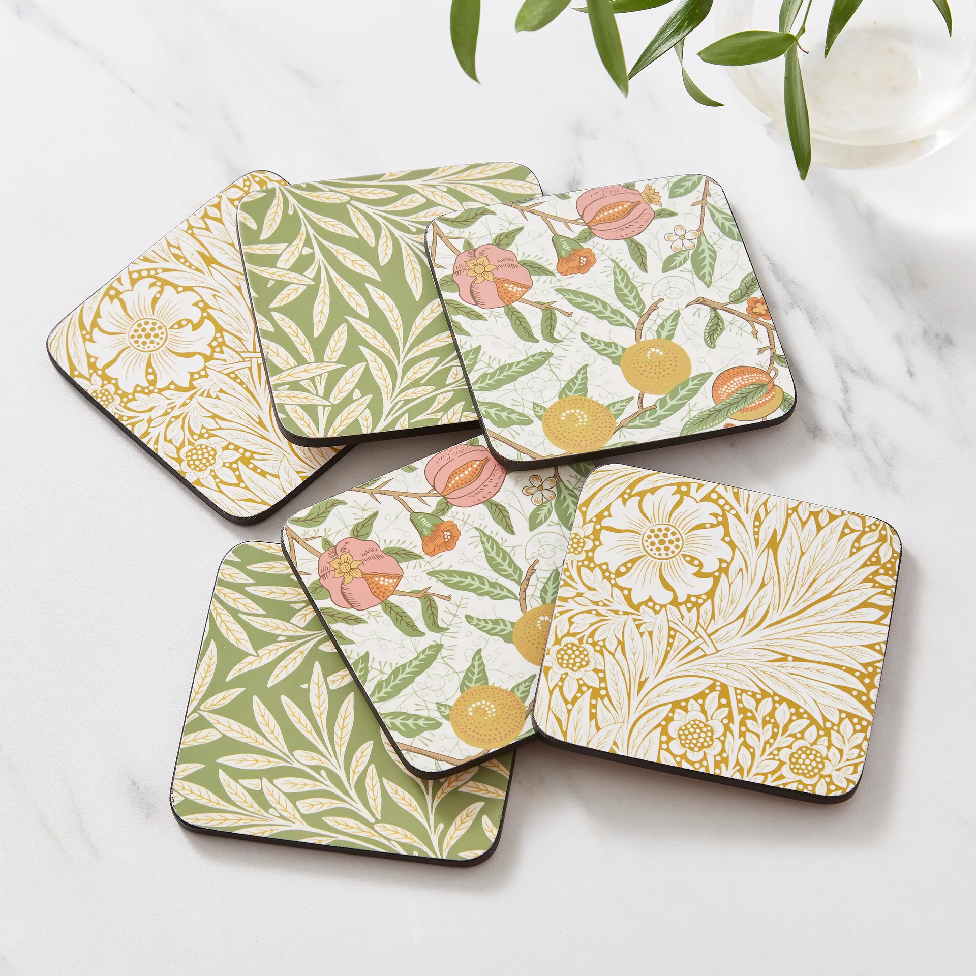 Morris & Co Simpley mixed glass coasters 6 pieces, Fruit, Willow, Marigold Pimpernel