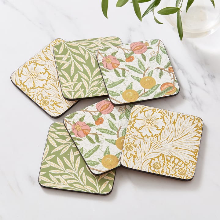 Morris & Co Simpley mixed glass coasters 6 pieces, Fruit, Willow, Marigold Pimpernel