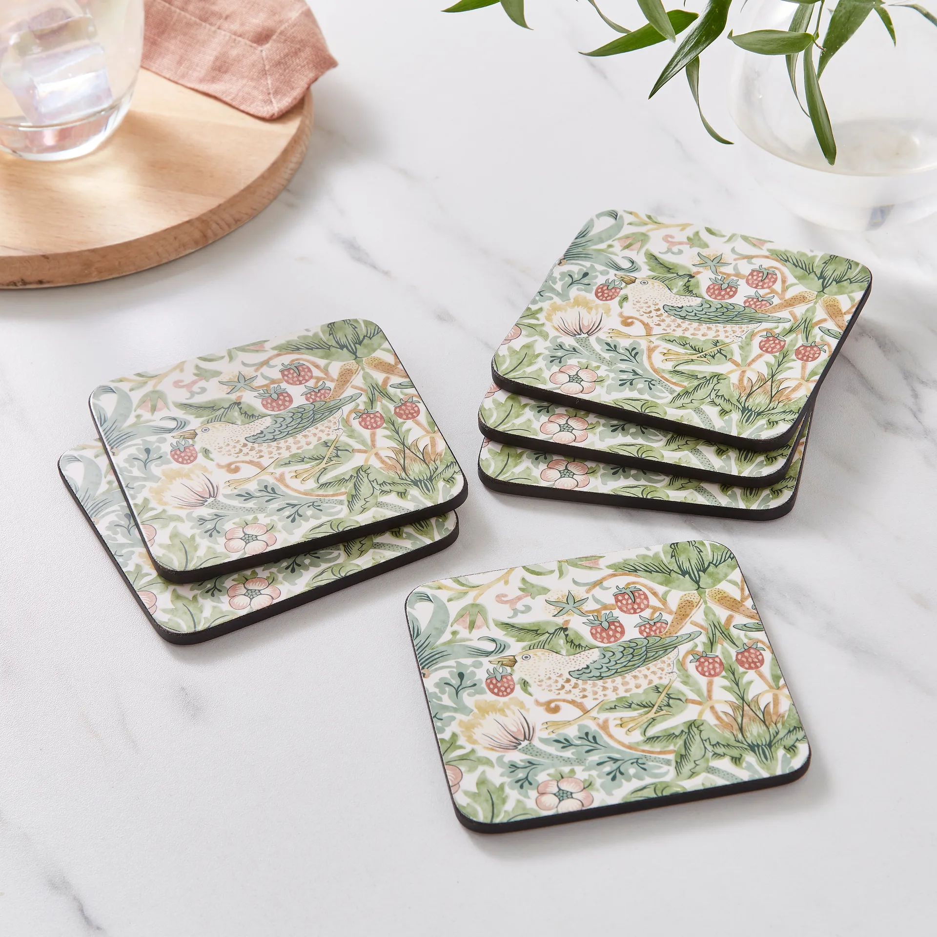 Strawberry Thief coaster 6-pack, Green Pimpernel