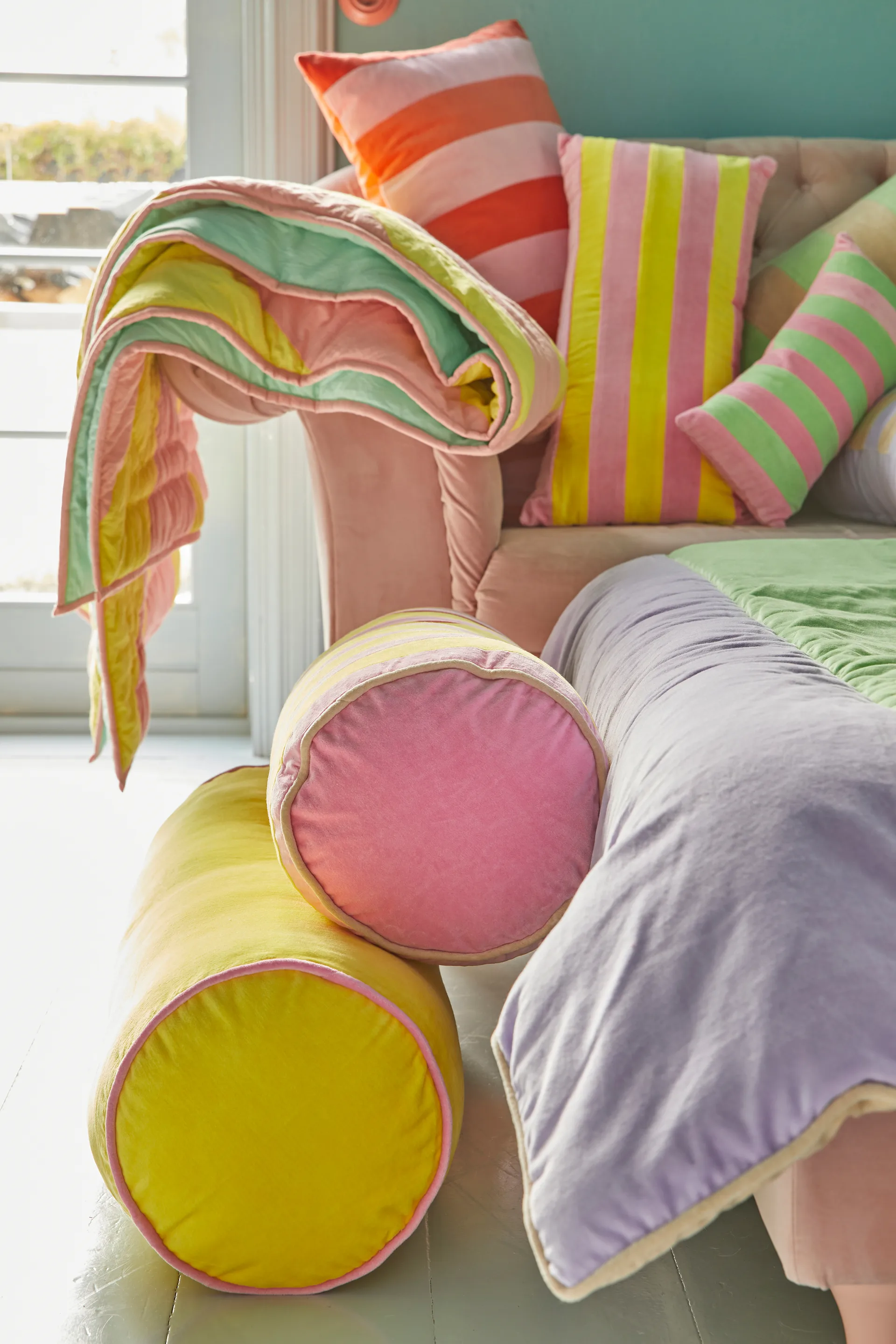 Rice bolster cushion 25x60 cm, Pink-yellow RICE