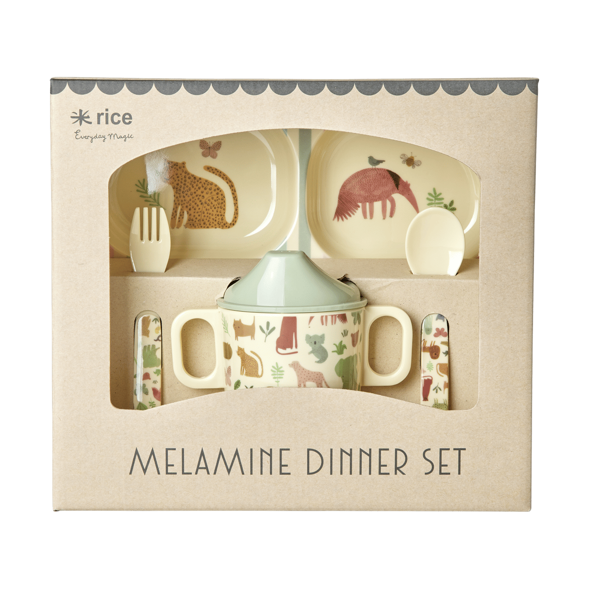 RICE Rice children"s dinnerware set 4 pieces Sweet Jungle Print-Cream