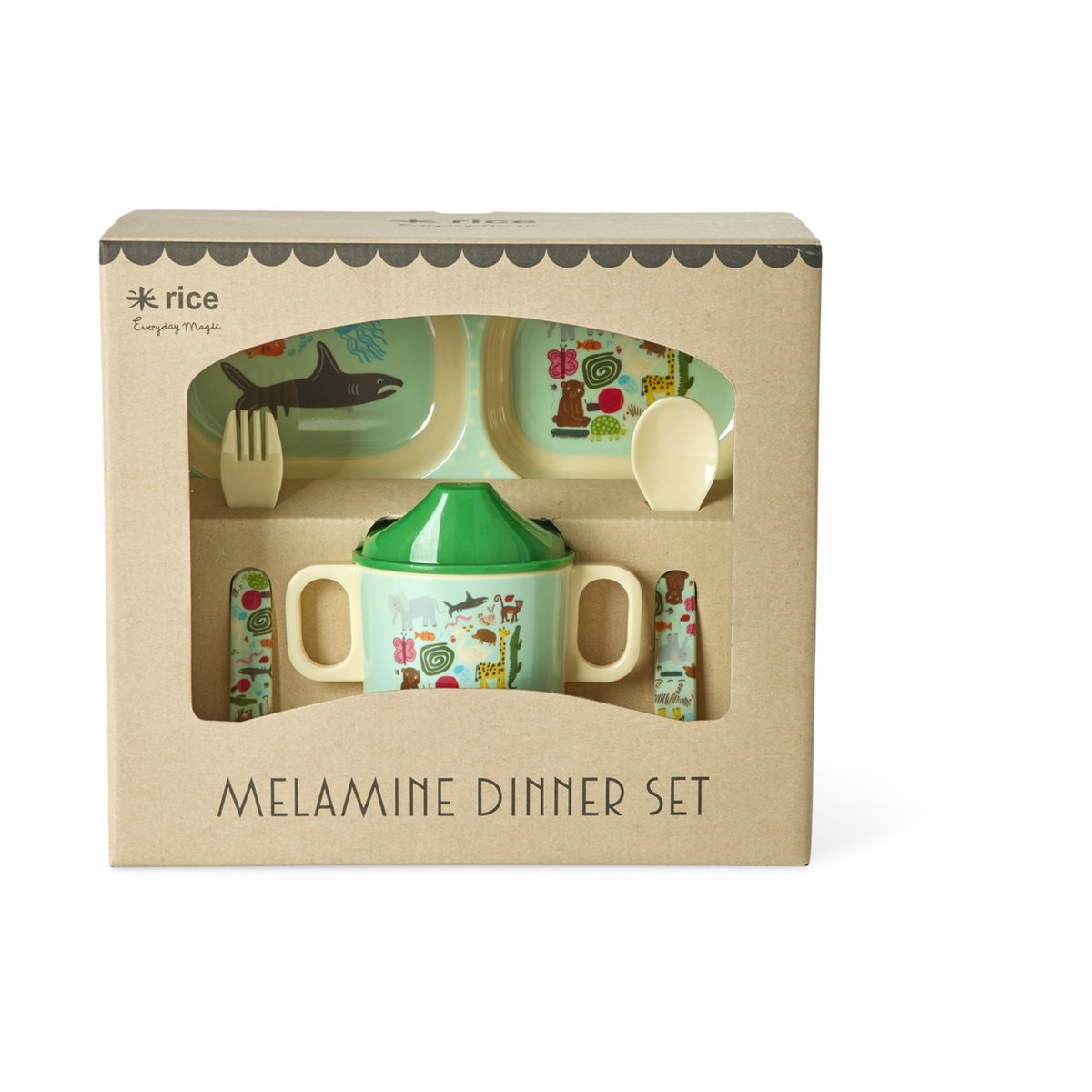 Rice children's dinnerware set 4 pieces Wildlife mint