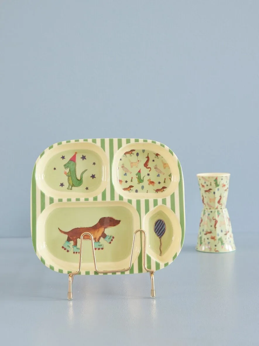 Rice children's plate melamine 4 compartments, Animal print-green RICE