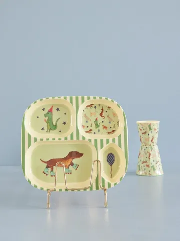 Rice children's plate melamine 4 compartments - Animal print-green - RICE