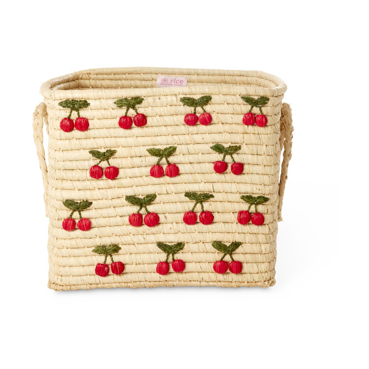 RICE Rice raffia basket with handle 30x30 cm Cherry