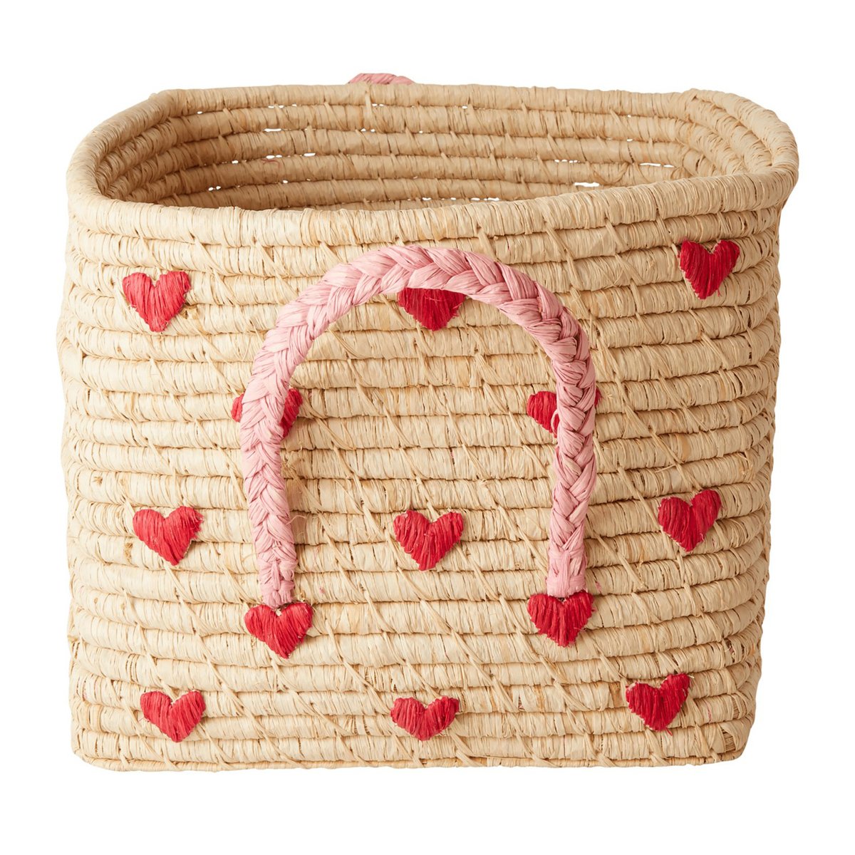 Rice raffia basket with handle 30x30 cm Red hearts | Scandinavian Design | Storage baskets | Beige