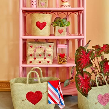 Rice raffia basket with handle 30x30 cm - Red hearts - RICE