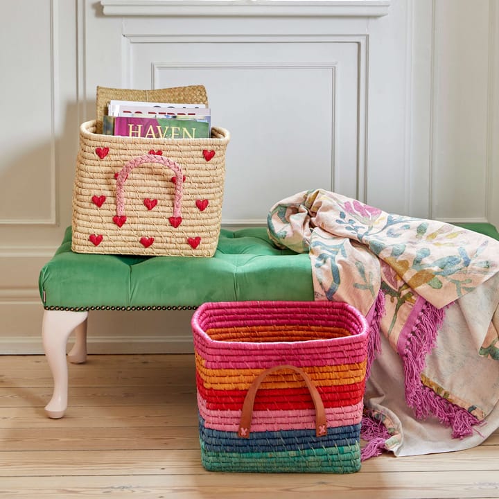 Rice raffia basket with handle 30x30 cm - Red hearts - RICE