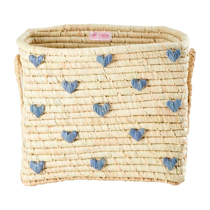 Rice raffia box with handle 30x30 cm - Blue hearts - RICE