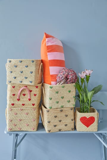 Rice raffia box with handle 30x30 cm - Blue hearts - RICE