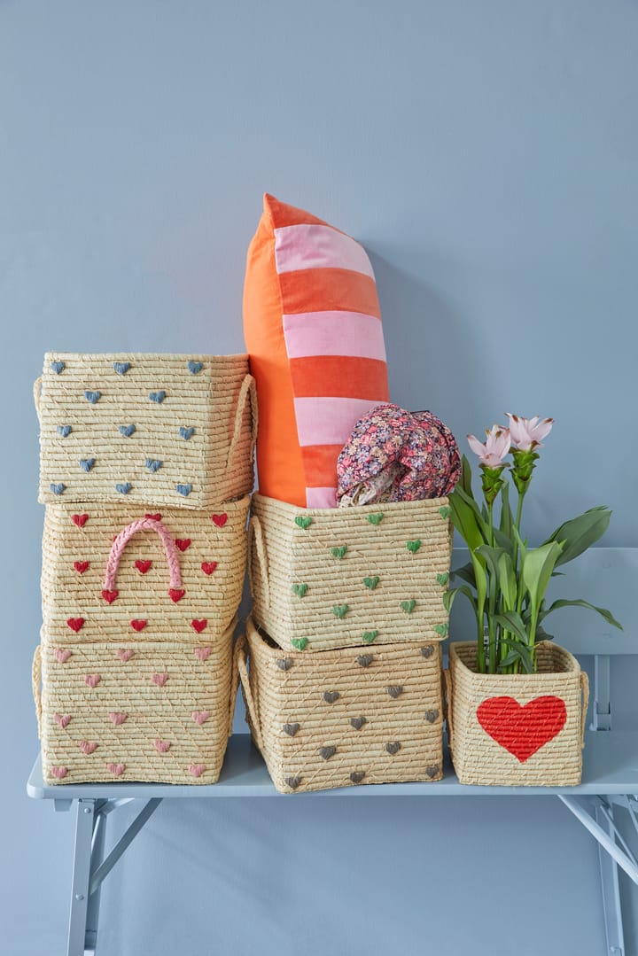 Rice raffia box with handle 30x30 cm - Blue hearts - RICE