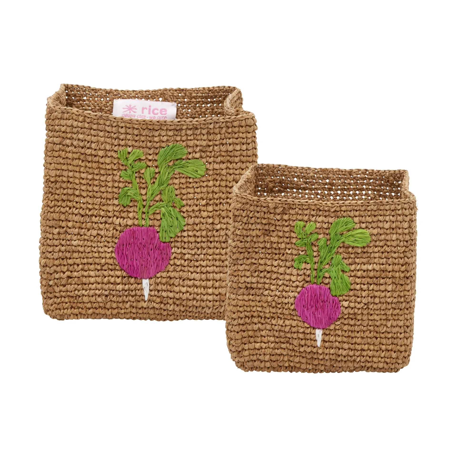 Rice raffia storage basket 2 pieces, Radish Embroidery-Tea RICE