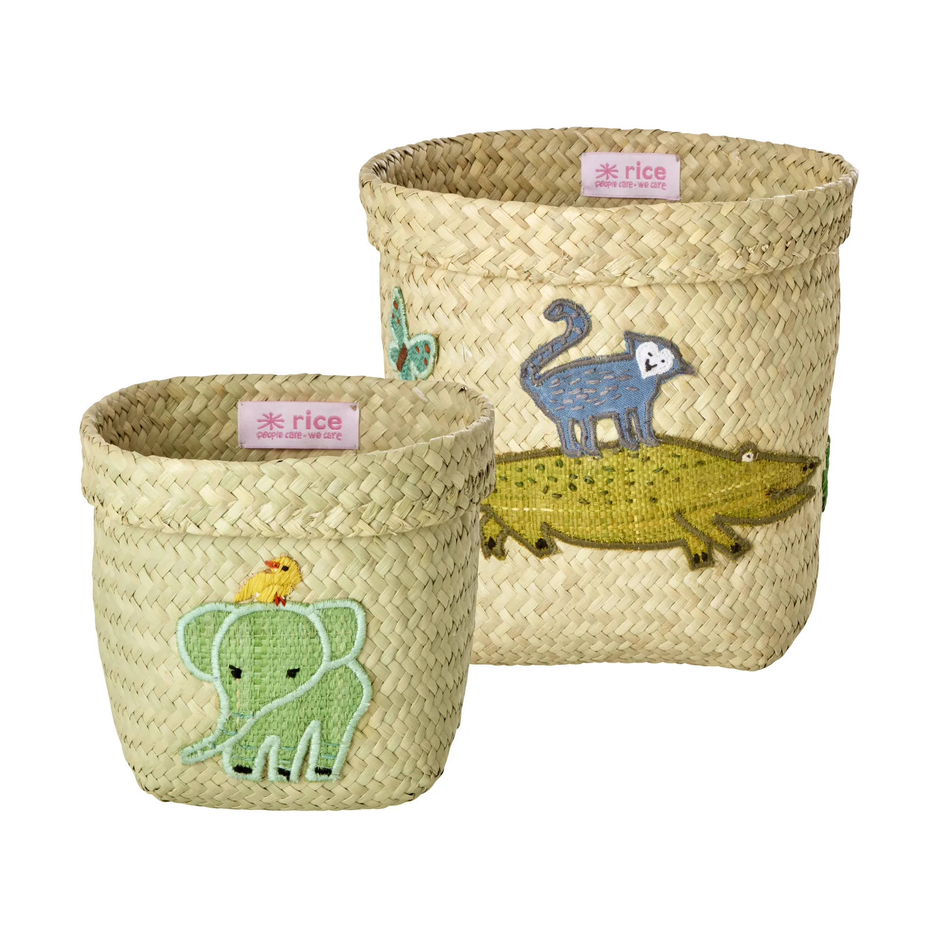 Rice raffia storage basket round 2 pieces, Animal Embroidery-Green-blue RICE