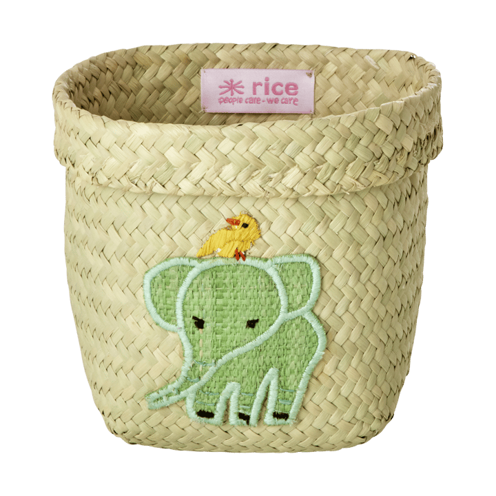 Rice raffia storage basket round 2 pieces, Animal Embroidery-Green-blue RICE