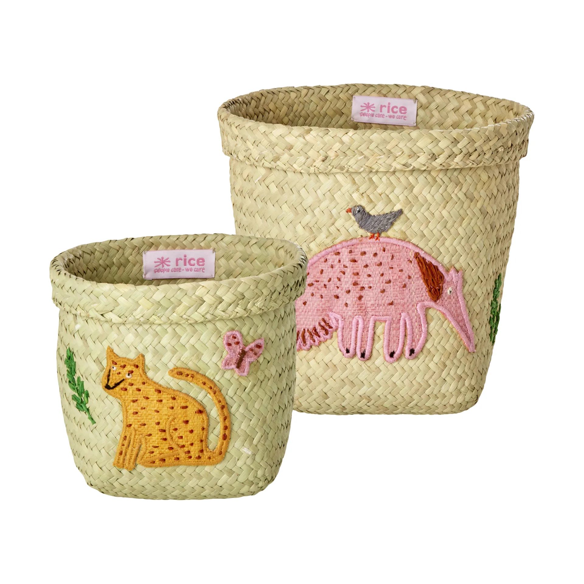 Rice raffia storage basket round 2 pieces, Animal Embroidery-Pink-orange RICE