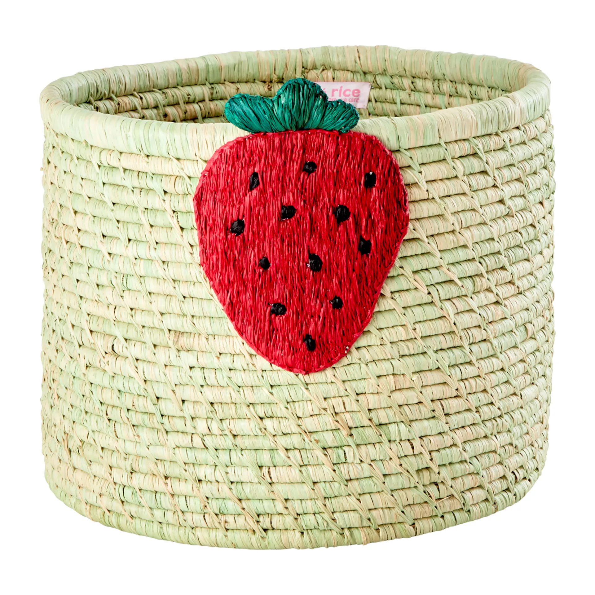 Rice raffia storage box Ø35 cm, Strawberry embroidery RICE