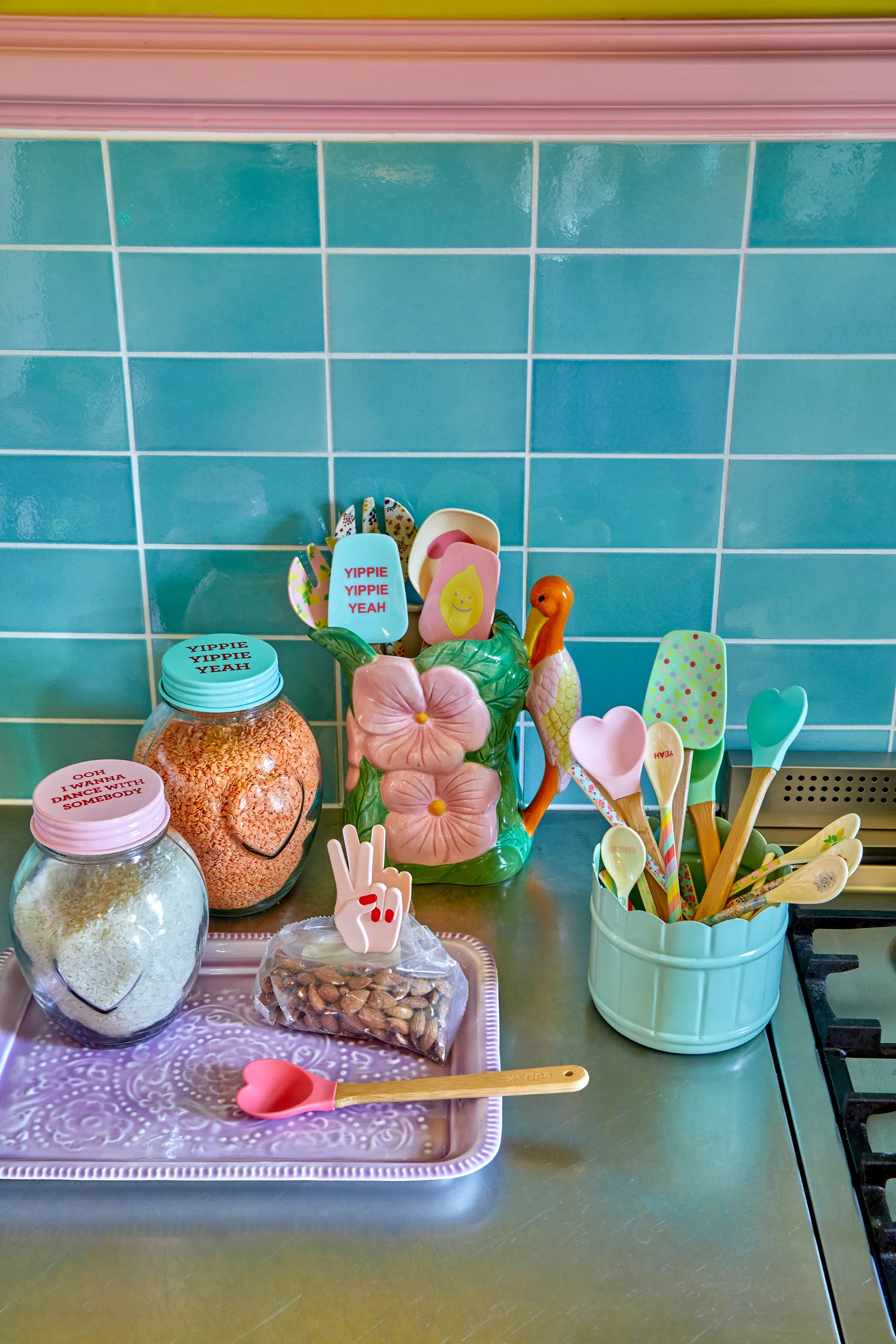 Rice silicon spoon with bamboo handle 23 cm 2 pieces, Red-pink RICE