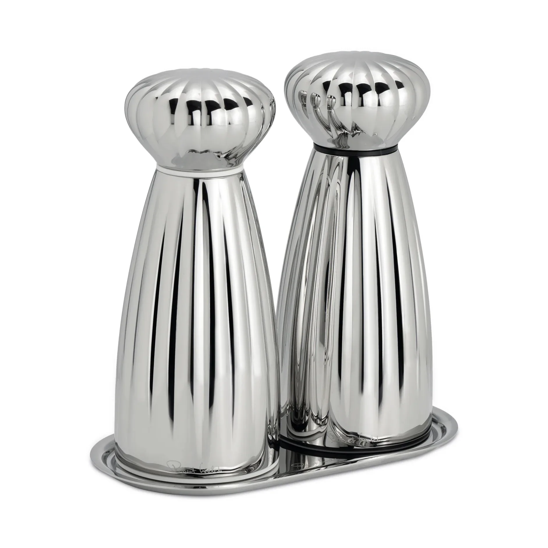 Palm Bright salt and pepper mill set, Small-stainless steel, with tray Robert Welch