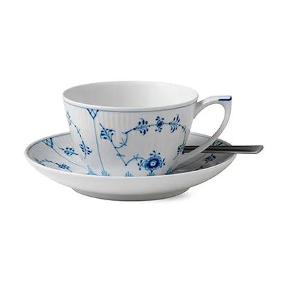 Blue Fluted Plain teacup with saucer, 28 cl Royal Copenhagen