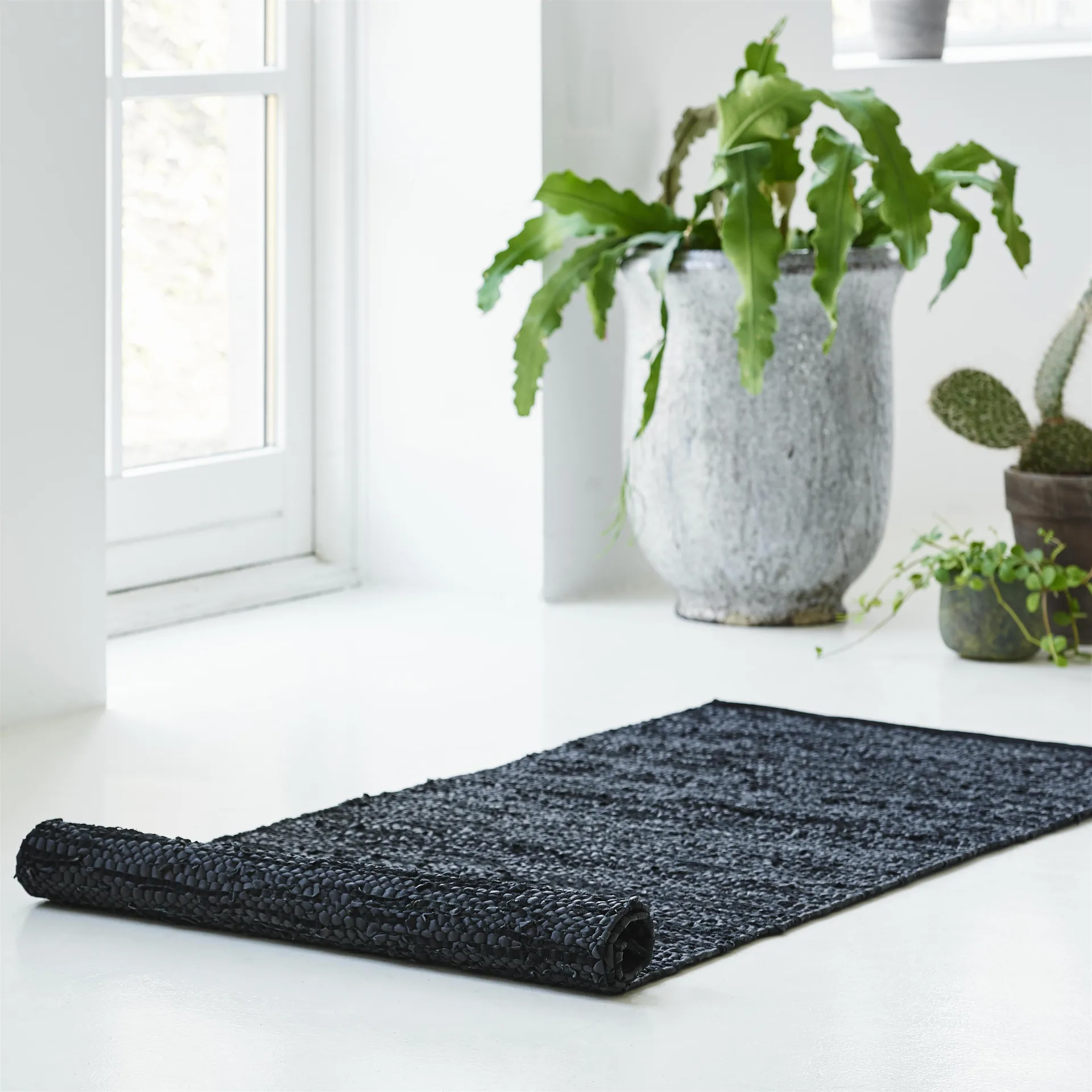 Leather rug 75x300 cm, Black (black) Rug Solid