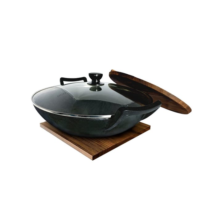 Nabe Cast Iron Wok Pan With Wooden Lid & Glass Lid Ø36 cm/6 L