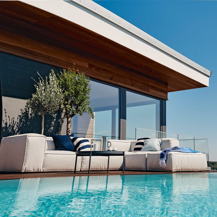 Asker modular sofa, Sunbrella Sling taupe beige, corner section Skargaarden