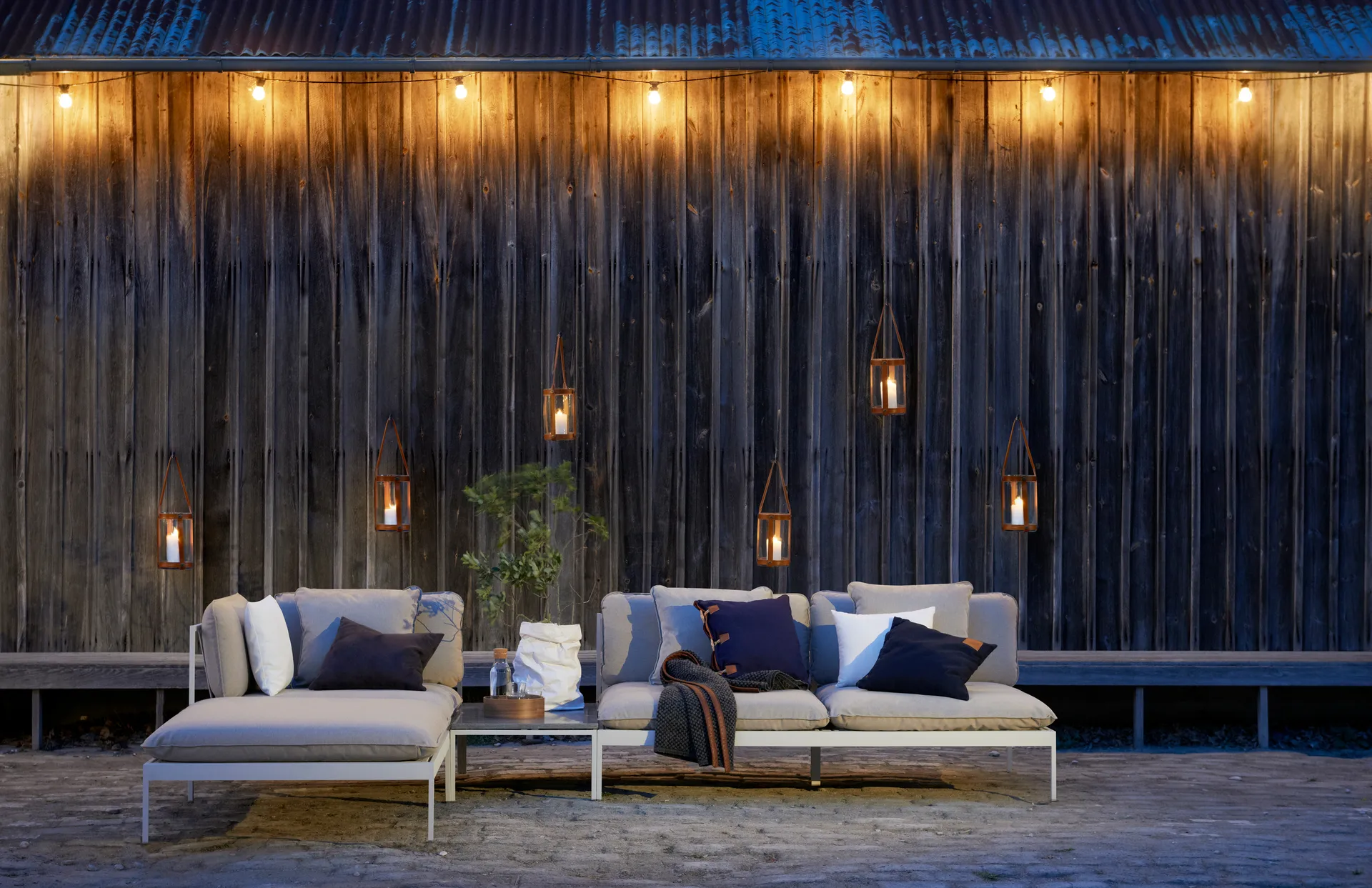 Bönan corner section light grey aluminuim-beige linen Skargaarden