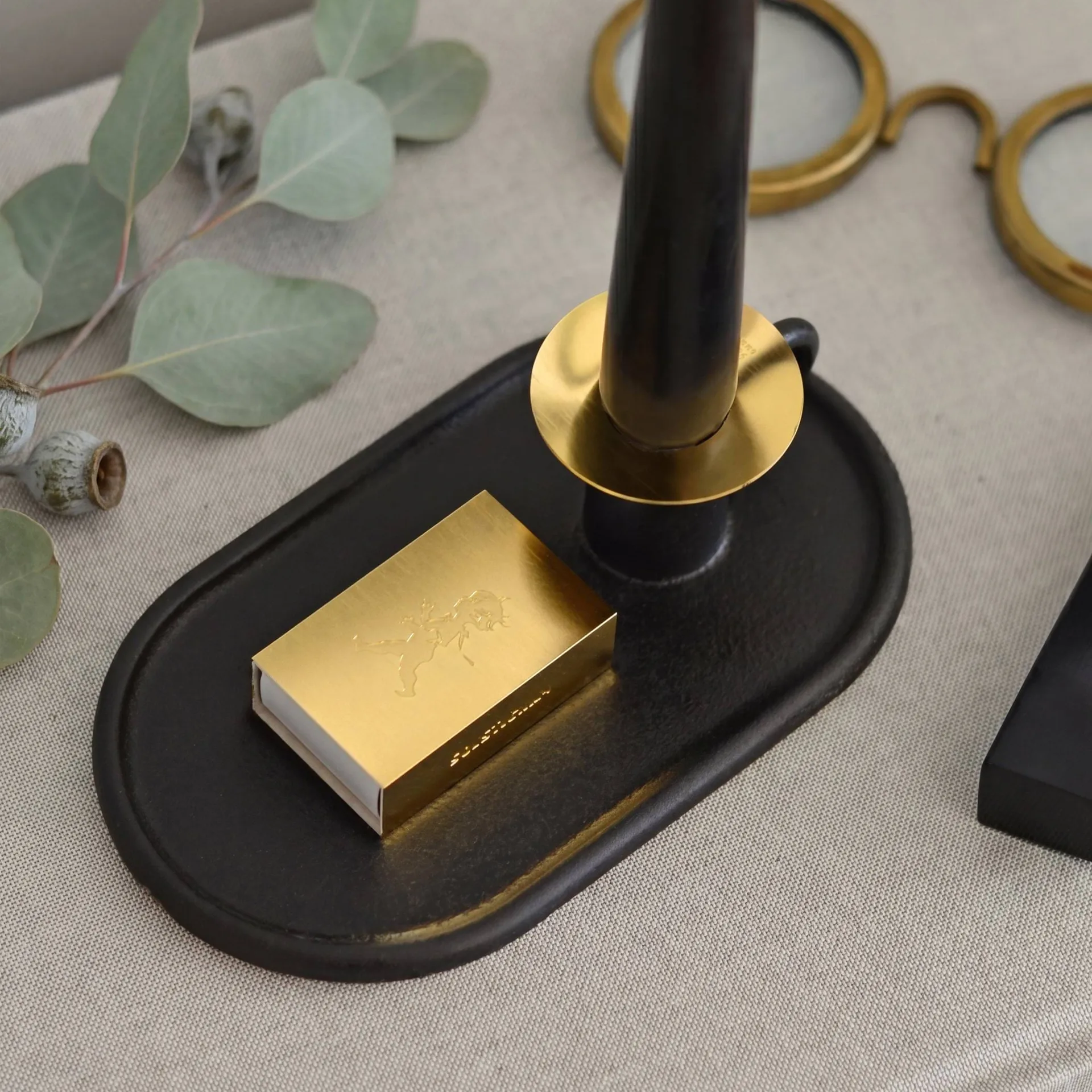 Chamber candlestick with matchbox holder, Black Solstickan Design
