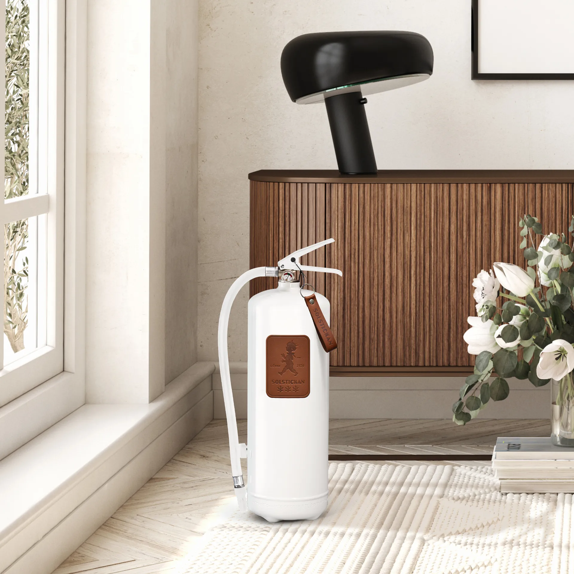 Solstickan fire extinguisher 6 kg, White-dark brown leather Solstickan Design