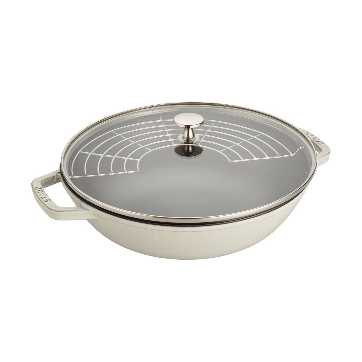 Staub cast iron wok pan with glass lid o30 cm White truffle